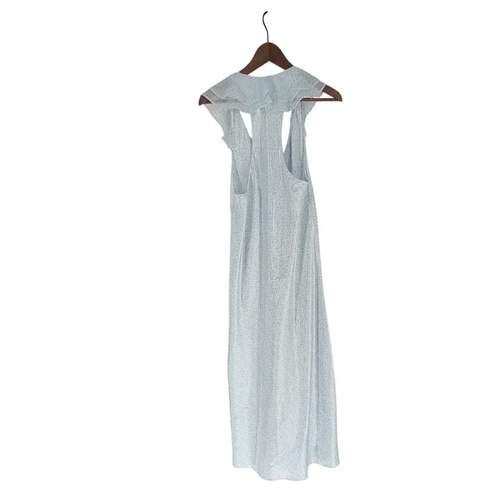 Oscar de la Renta Pink Label Blue Ruffle Racerback Nightgown L Sleepwear Satin